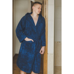 Халат из хлопка синего цвета с капюшоном  Халат из хлопка синего цвета с капюшоном