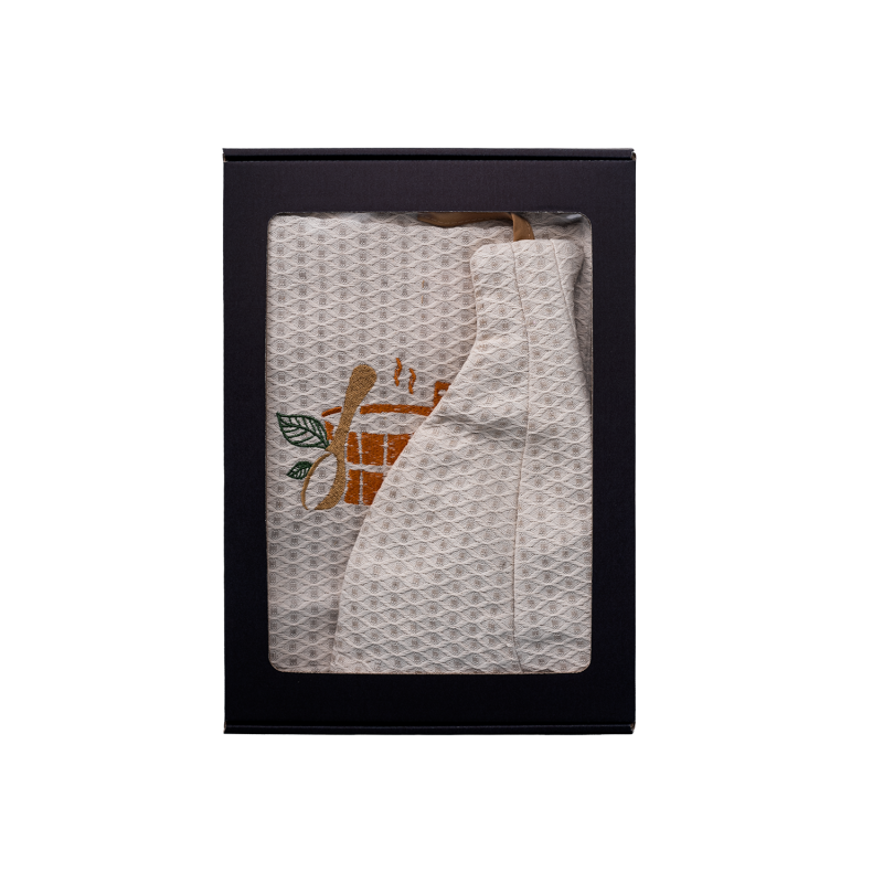 Подарочный набор в подарочной коробке для НЕГО. Мужская банная шапка и фартук - ЛЕН, вышитые.