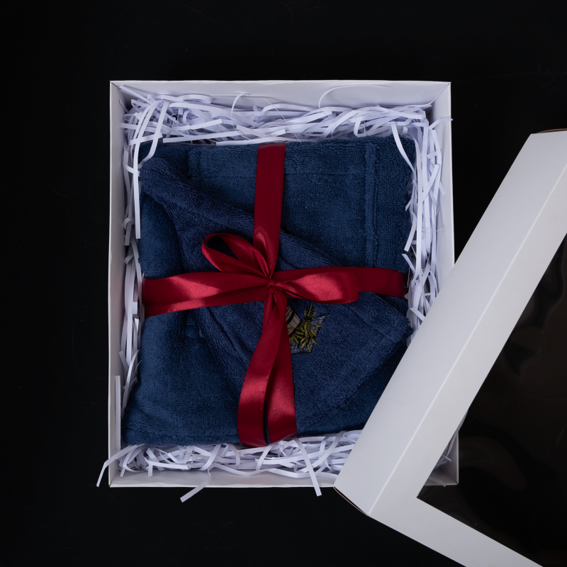 Подарочный набор для Него - СИНИЙ, 55х150 см, в подарочной коробке. Фартук и шапочка для сауны