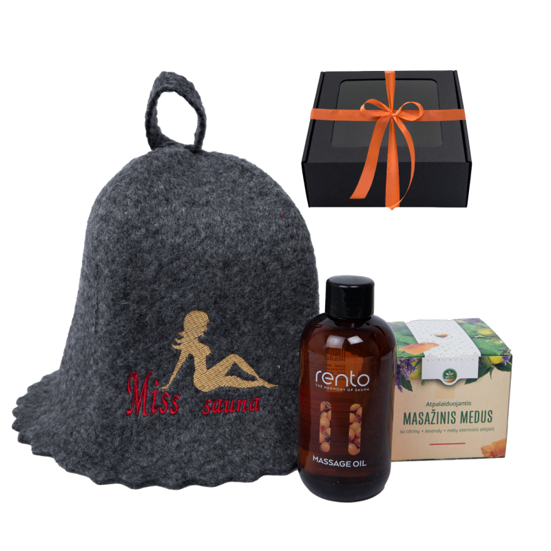 Подарочный набор MISS SAUNA в подарочной коробке. Шапочка для сауны, массажное масло и мед.