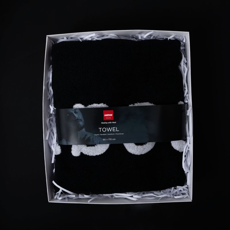 Полотенце HARVIA #исцелениетеплом в подарочной упаковке, 90 х 170 см, черное
